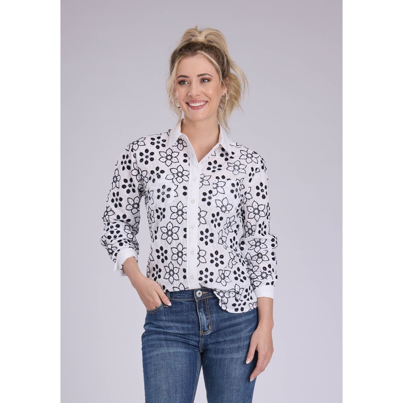 Womens Black And White Eyelet Shirt Long Sleeve Button Western Shirt XS