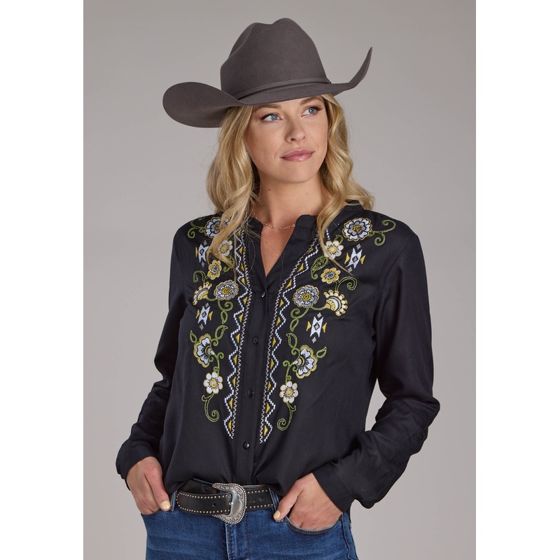 Womens Black Rayon Blouse Long Sleeve Button Western Shirt XS