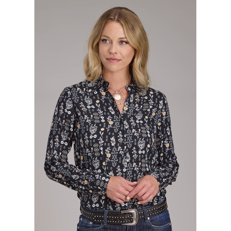 Womens Black Vintage Floral Print Rayon Long Sleeve Snap Western Shirt XS