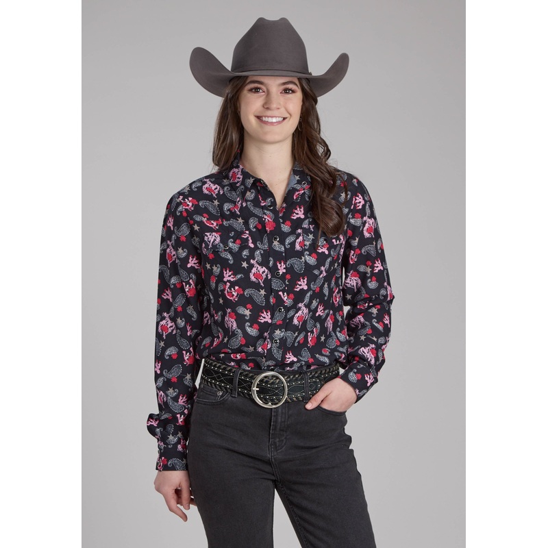 Womens Bronc Riders Printed Rayon Blouse Long Sleeve Snap Western Shirt XS