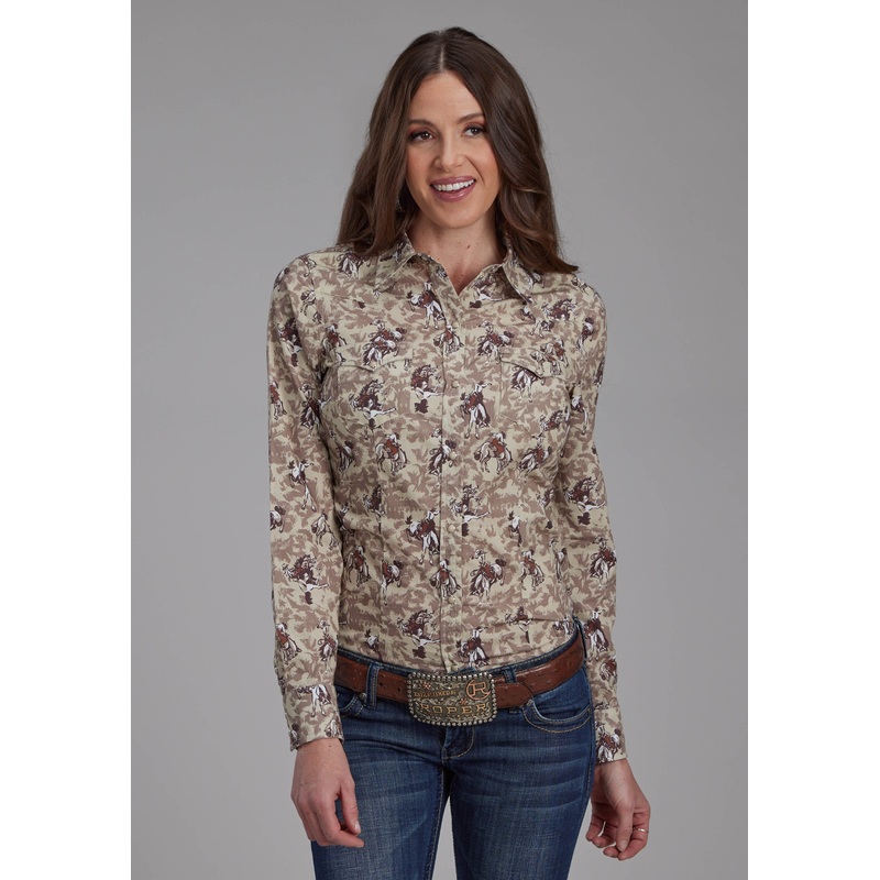 Womens Brushstroke Cowboys Print Long Sleeve Snap Western Shirt XS