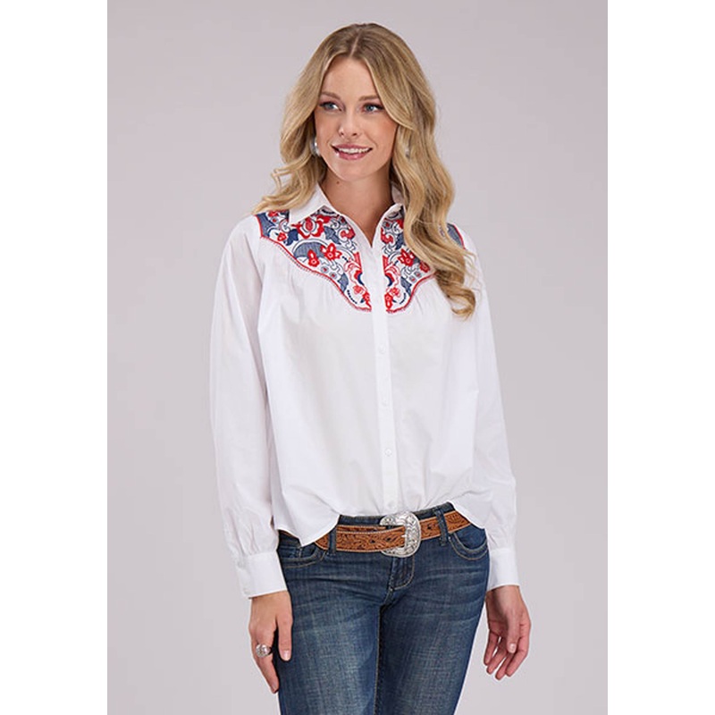 Womens Cotton Poplin Blouse Long Sleeve Button Western Shirt XS
