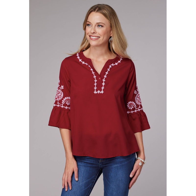 Womens Dark Red Poly Crepe Peasant Blouse Long Sleeve Pullover Western Shirt XS
