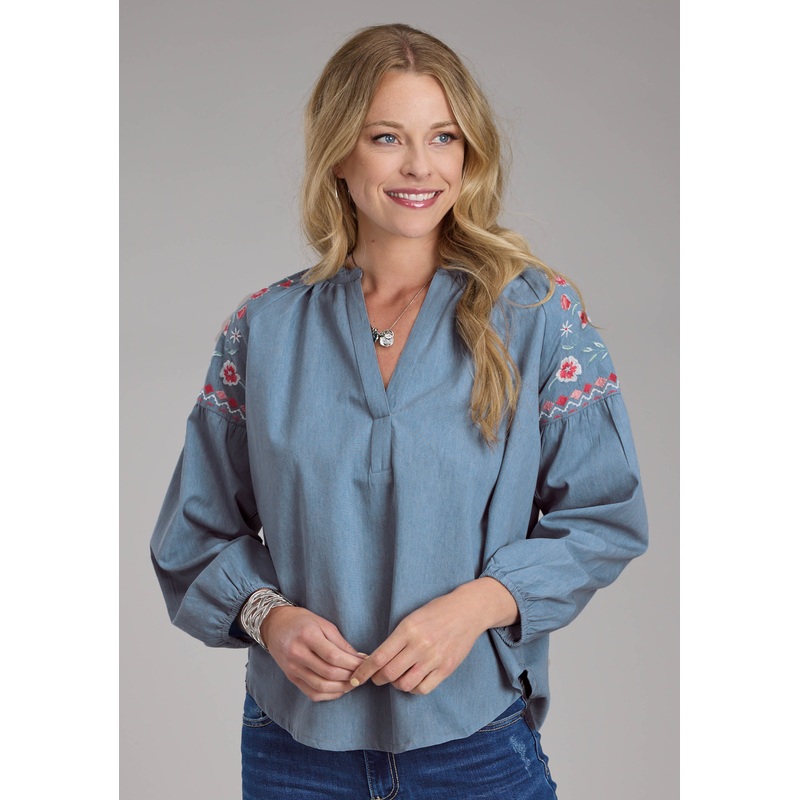 Womens Denim Long Sleeve V-Neck Peasant Blouse Long Sleeve Pullover Western Shirt XS