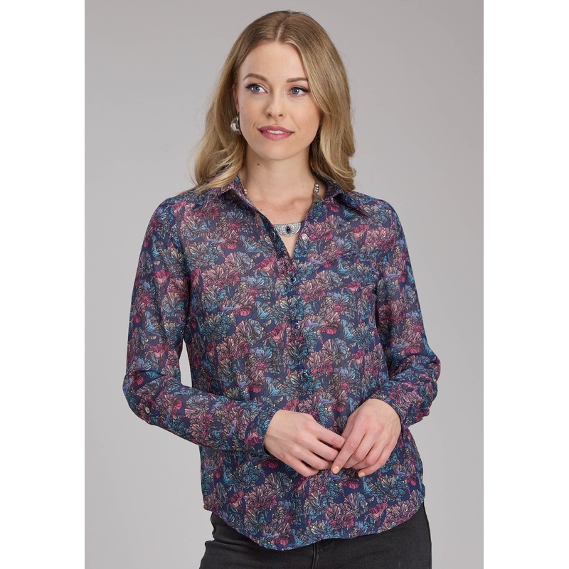 Womens “Gem Floral” Print Georgette Long Sleeve Button Western Shirt XS