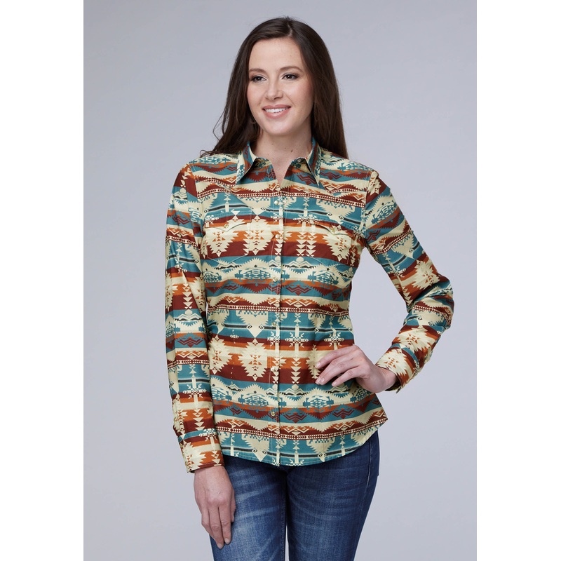 Womens Horizontal Aztec Serepe Print Long Sleeve Snap Western Shirt XS
