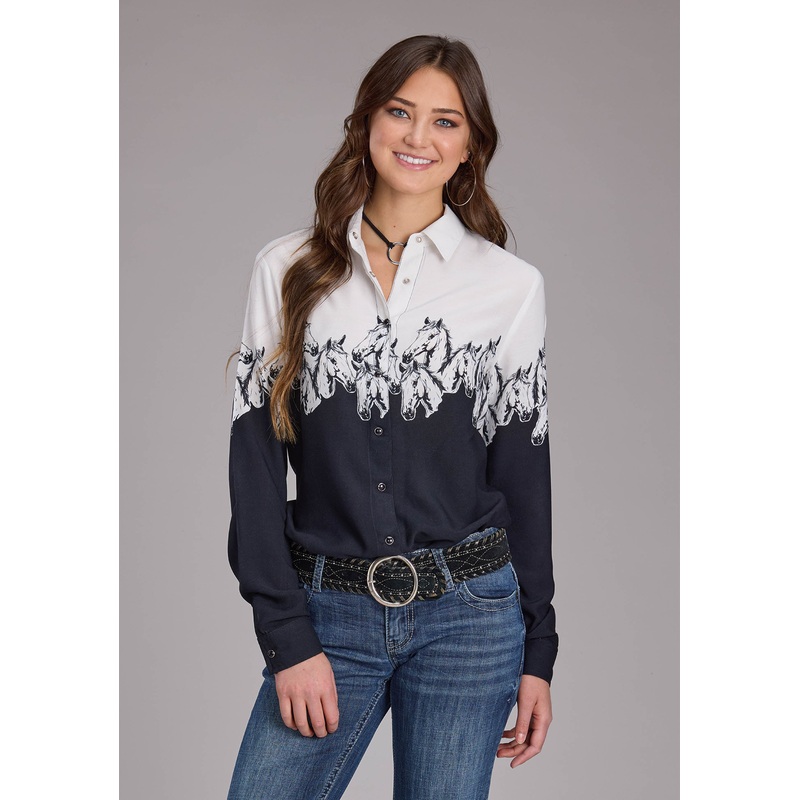 Womens Horses Border Print Rayon Long Sleeve Snap Western Shirt XS