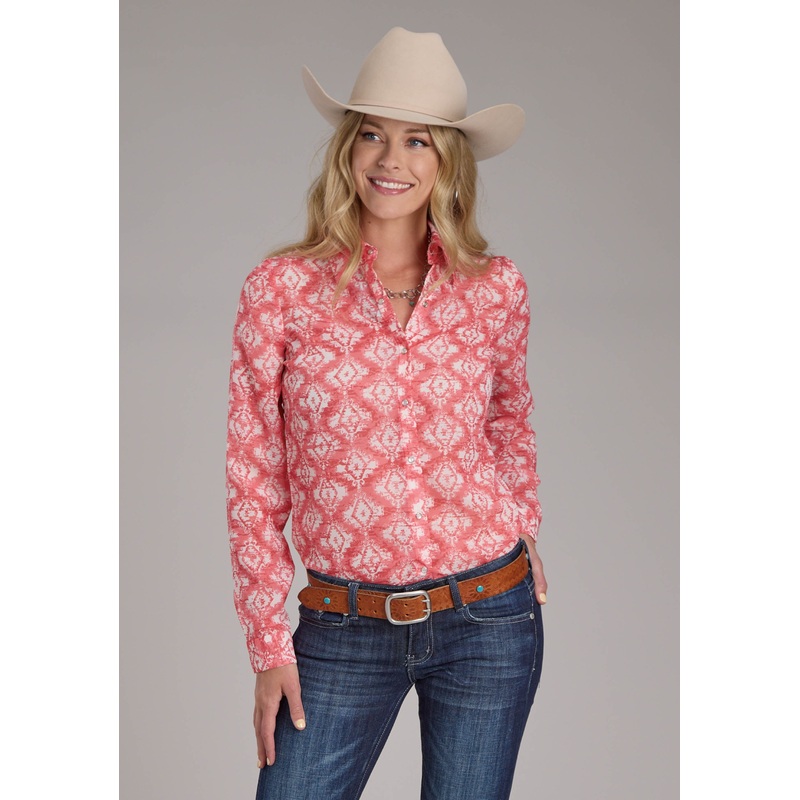 Womens Ikat Aztec Print Polyester Blouse Long Sleeve Snap Western Shirt XS