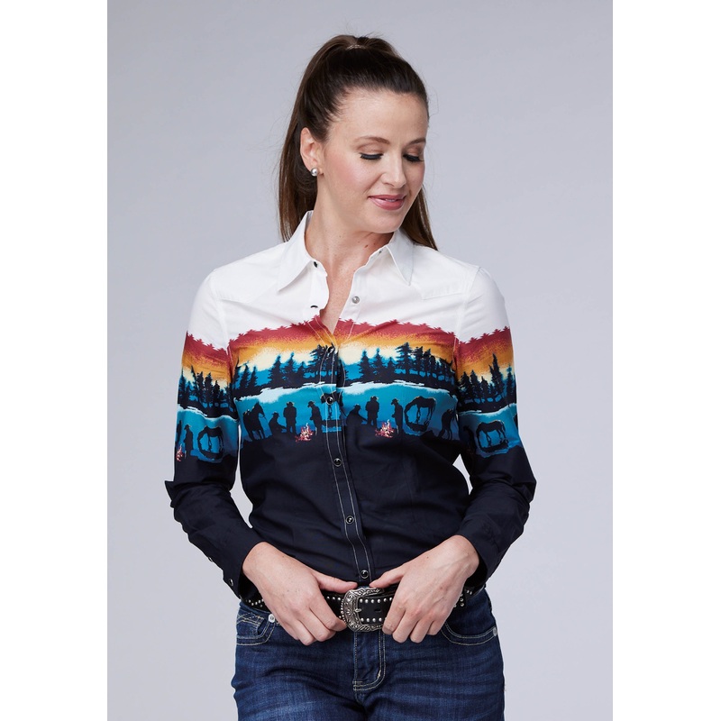 WOMENS LAKESIDE CAMP BORDER LONG SLEEVE SNAP WESTERN SHIRT XS