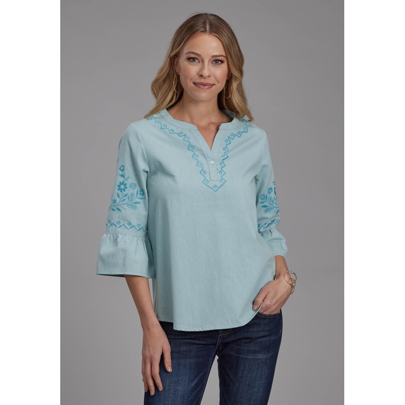 Womens Light Blue Denim Peasant Blouse Long Sleeve Pullover Western Shirt XS