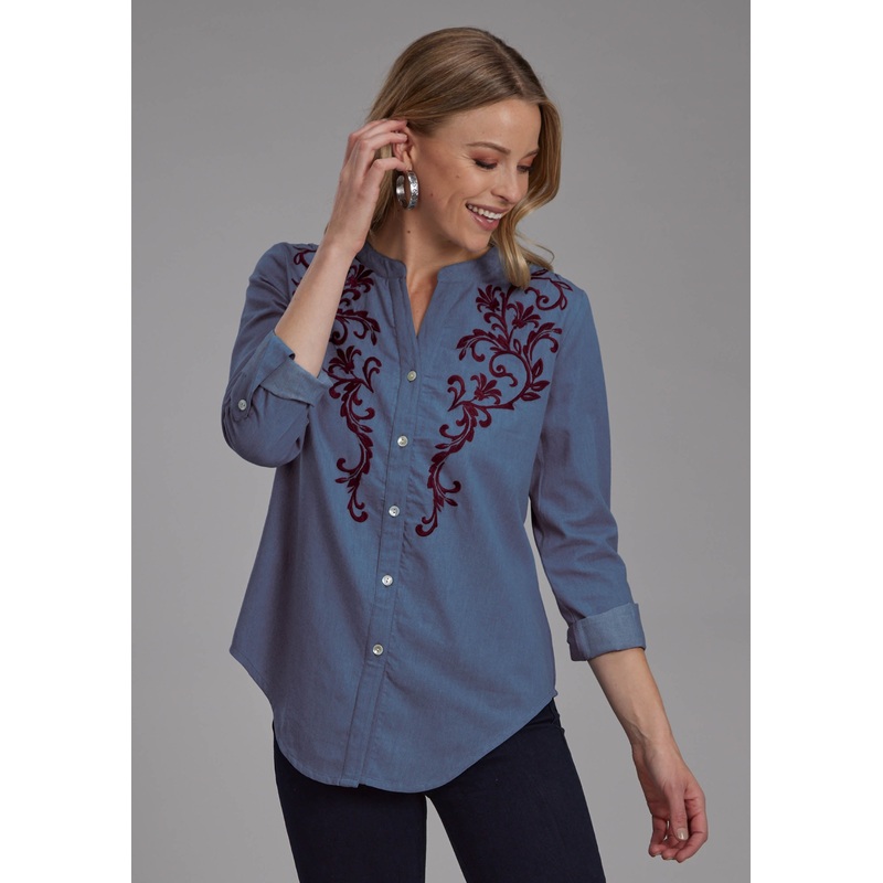 Womens Medium Blue Denim Blouse Long Sleeve Button Western Shirt XS