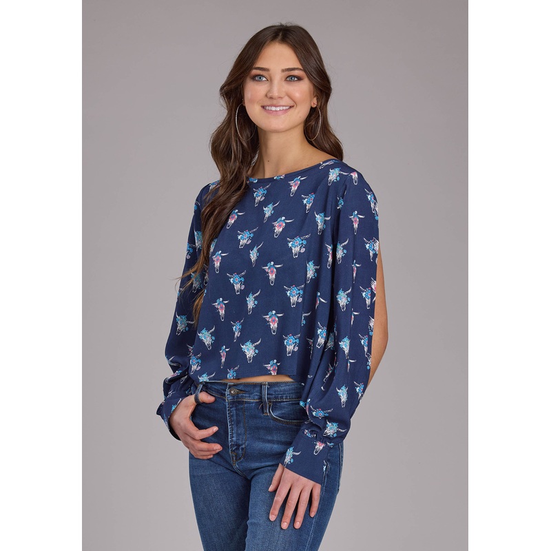 Womens Navy Skulls Swing Blouse Long Sleeve Pullover Western Shirt XS