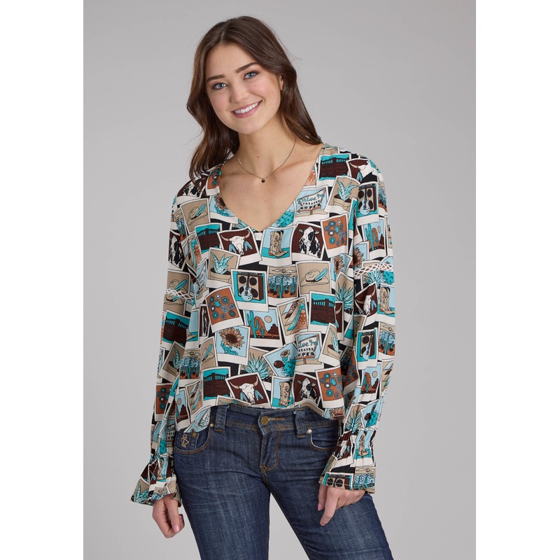 Womens Photo Collage Print Rayon Long Sleeve Pullover Western Shirt XS