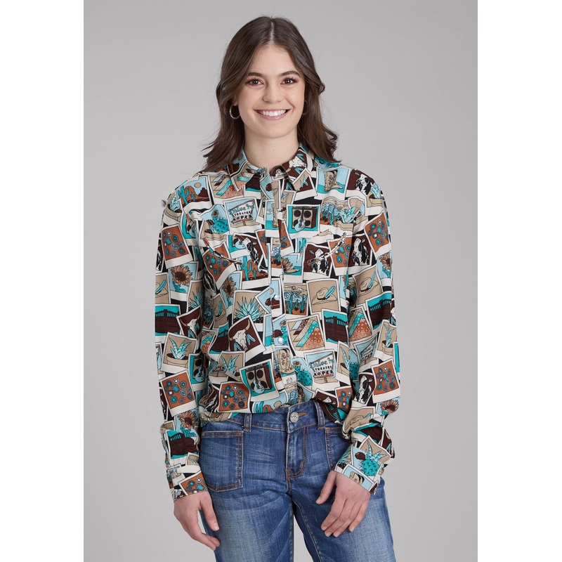 Womens Photo Collage Print Rayon Long Sleeve Snap Western Shirt XS