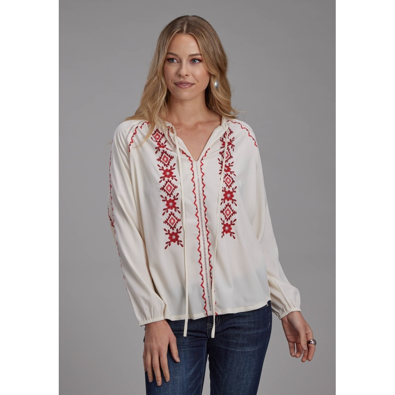 Womens Poly Crepe Peasant Blouse Long Sleeve Pullover Western Shirt XS