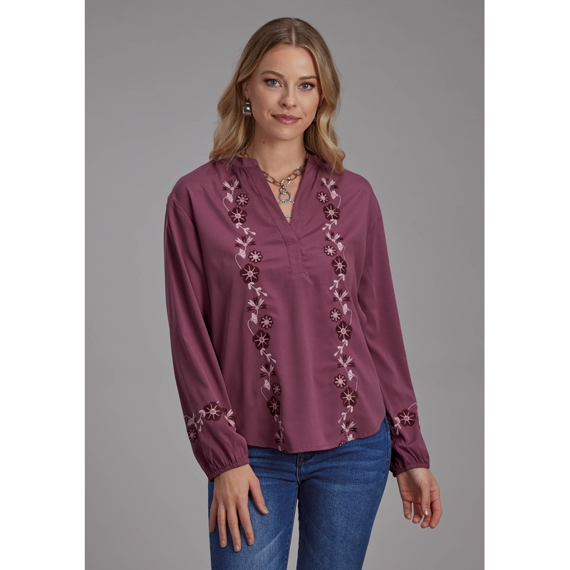 Womens Poly Crepe V Neck Peasant Blouse Long Sleeve Pullover Western Shirt XS