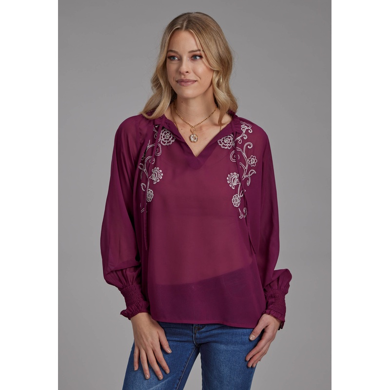 Womens Poly Georgette V Neck Blouse Long Sleeve Pullover Western Shirt XS