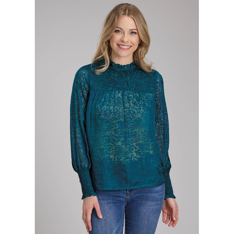 Womens Poly Rayon Burnout Brasso Blouse Long Sleeve Pullover Western Shirt XS