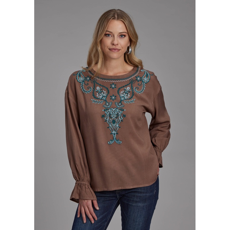 Womens Rayon Boat Neck Blouse Long Sleeve Pullover Western Shirt XS