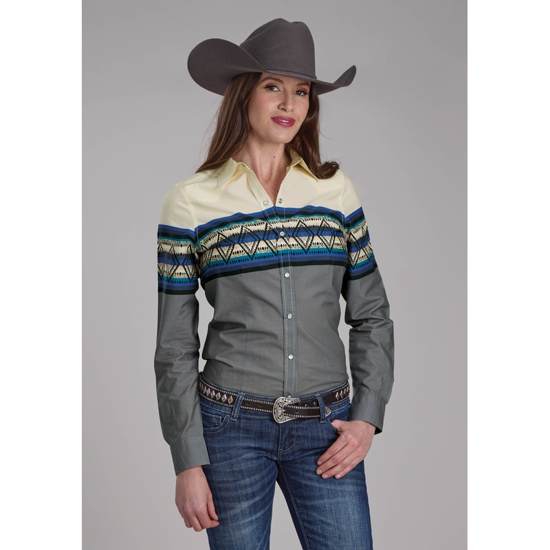 Womens Retro Diamond Border Long Sleeve Snap Western Shirt XS