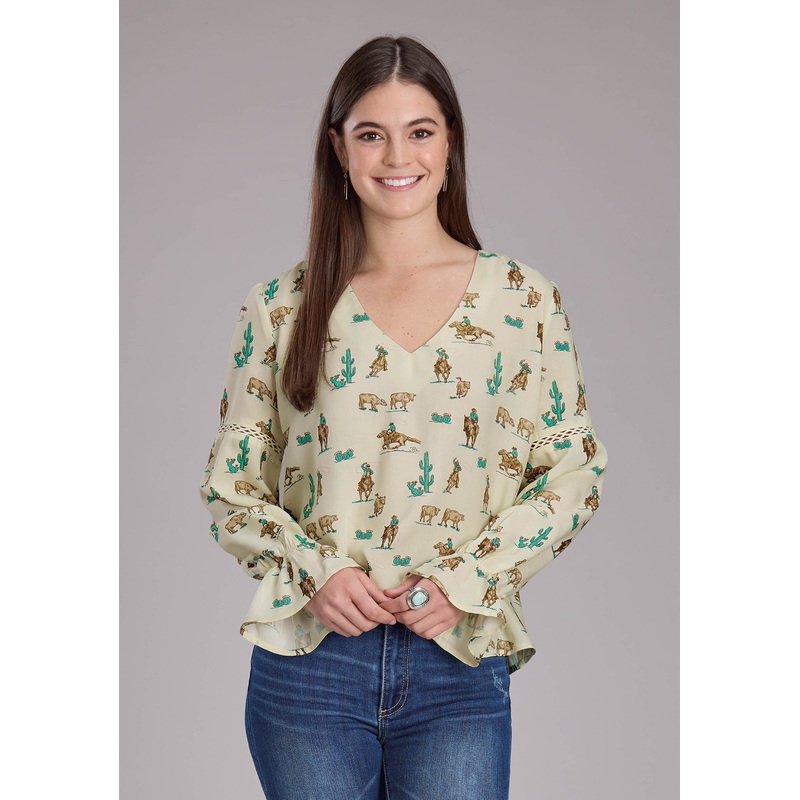 Womens Ropers Printed Rayon Peasant Top Long Sleeve Pullover Western Shirt XS