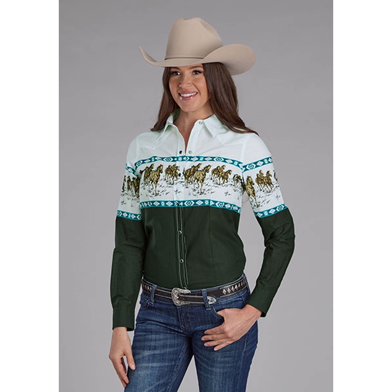 Womens Running Horse Border Long Sleeve Snap Western Shirt XS