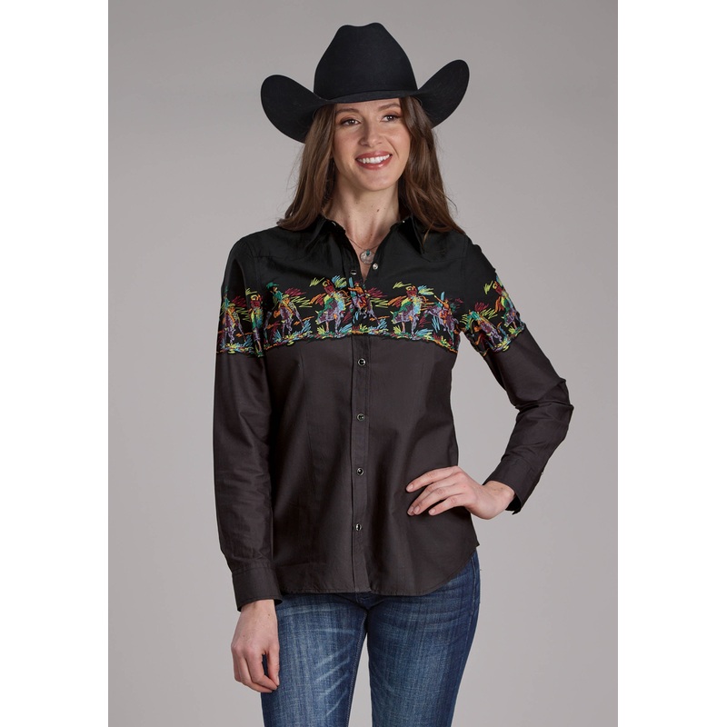Womens Scribble Bullriders Border Scenic Long Sleeve Snap Western Shirt XS