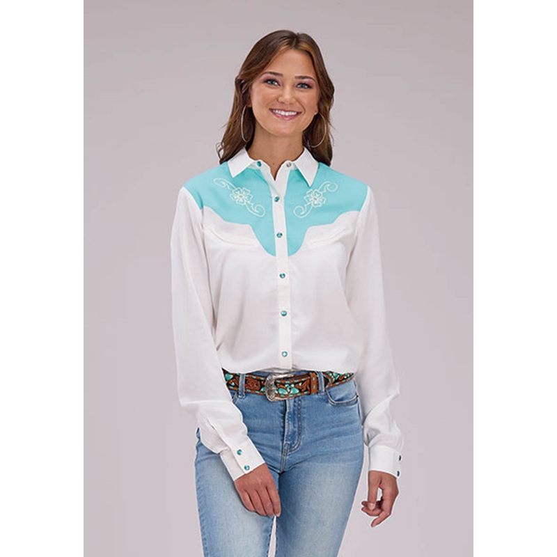 Womens Solid Cream Rayon Blouse Long Sleeve Snap Western Shirt XS