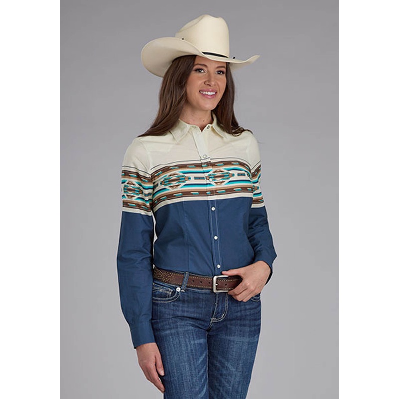 Womens Vintage Aztec Border Long Sleeve Snap Western Shirt XS