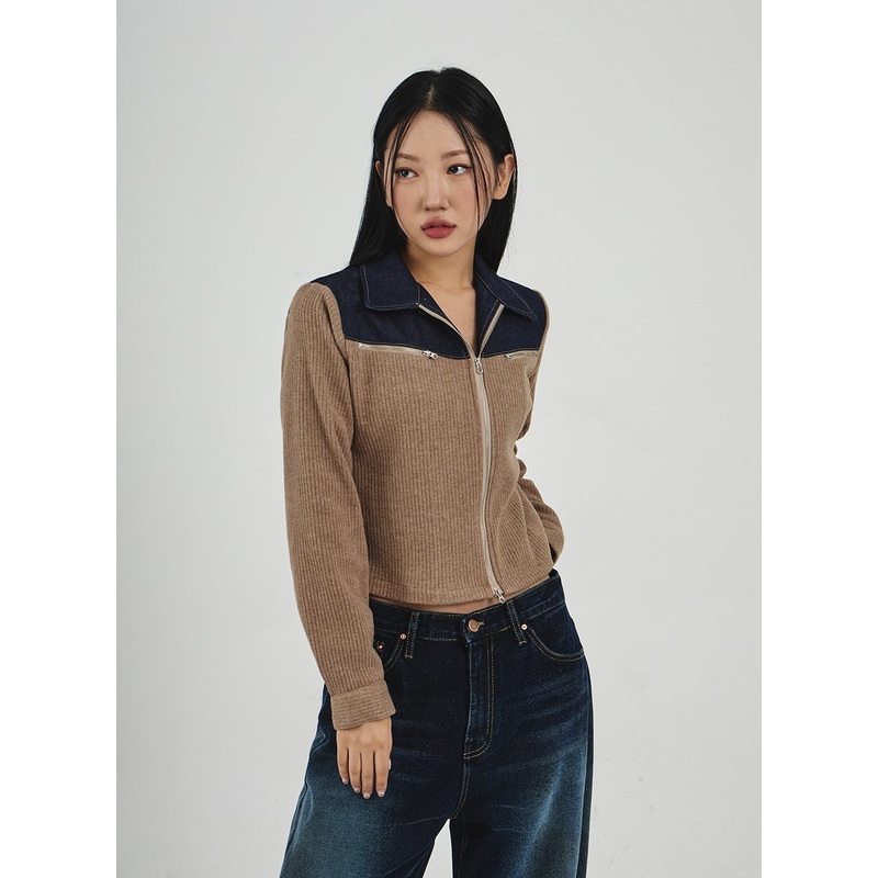 Denim Knit Zipper Jacket CN30 Dark Beige S/M
