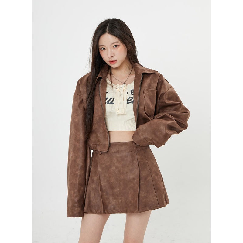 Faux Leather Zipp-Up Jumper Jacket BO24 Brown S/M