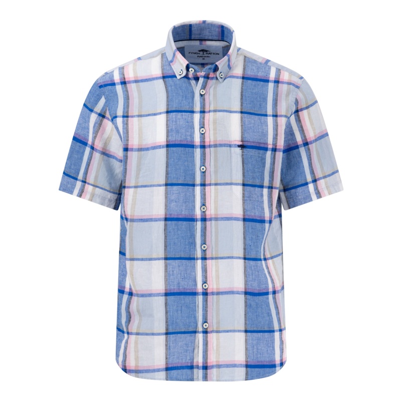 Fynch-Hatton Large Overcheck Short Sleeve Linen Shirt Blue/Pink Medium
