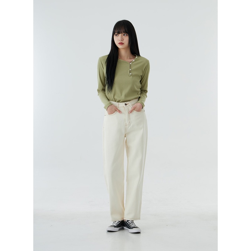 High Waist Straight Leg Pants OO19 Light beige S