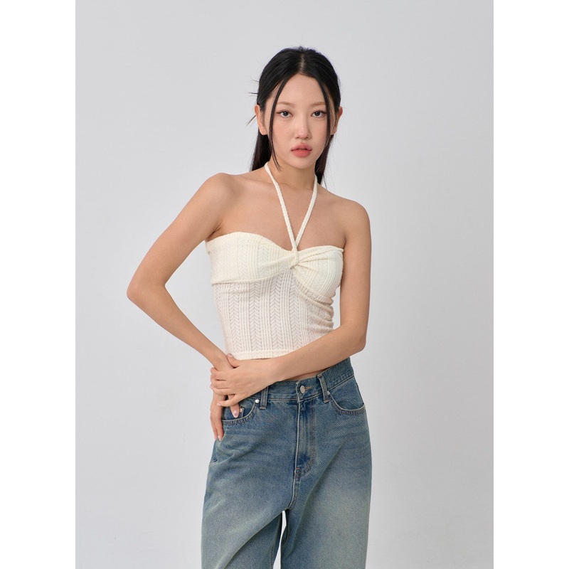 Knit Bustier Neck String Top CN09 Light Beige S/M