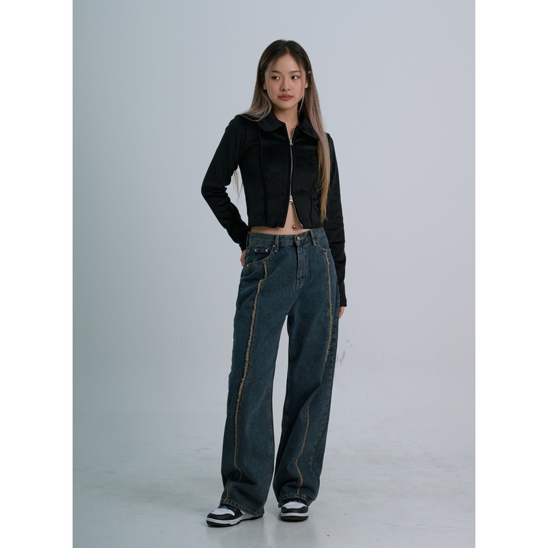 Retro Stitching Wide Denim Pants CO21 Dark Blue S