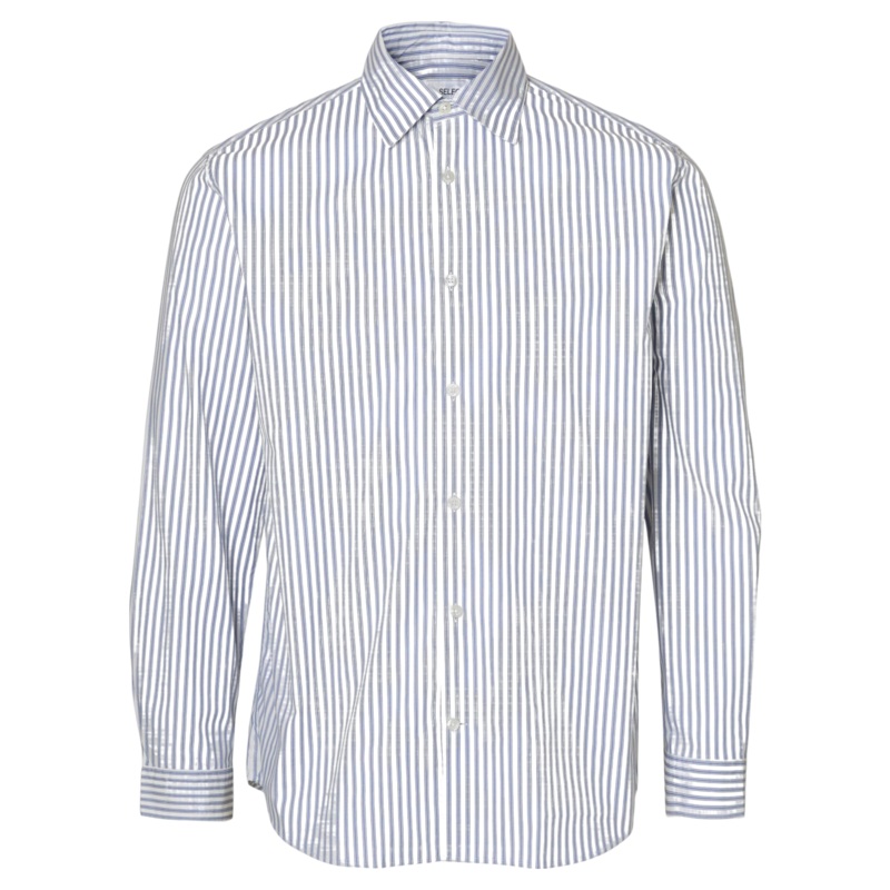 Selected Riley Long Sleeve Stripe Shirt Bright White/Navy Stripe Small