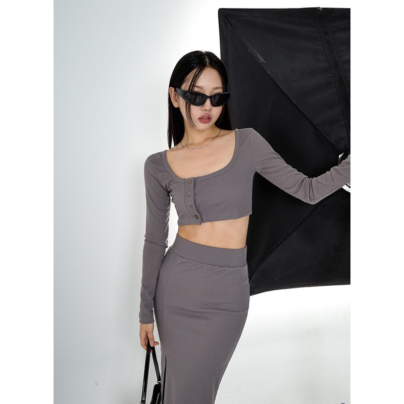 Side Button Knit Crop Top CO13 Dark Gray S