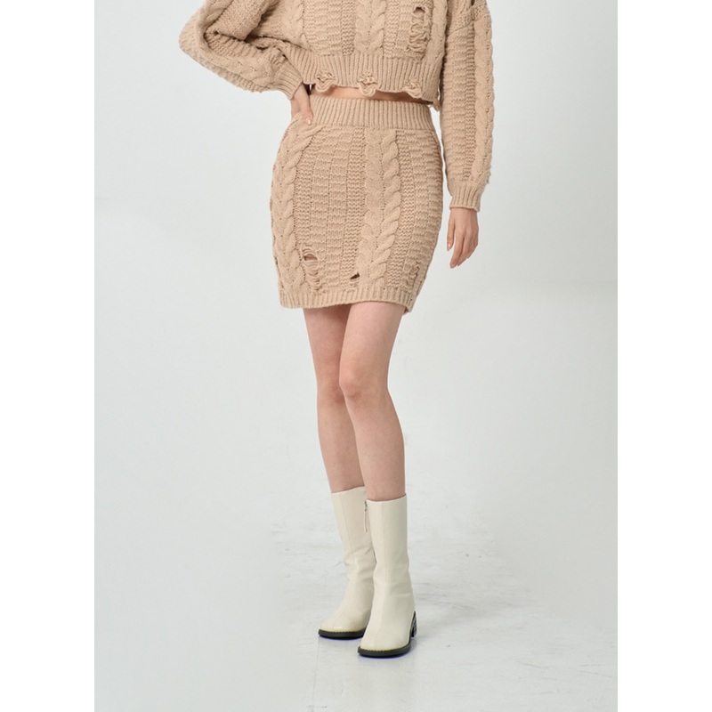 Twist Pattern Ripped Pencil Mini Skirt IN08 Light beige S/M