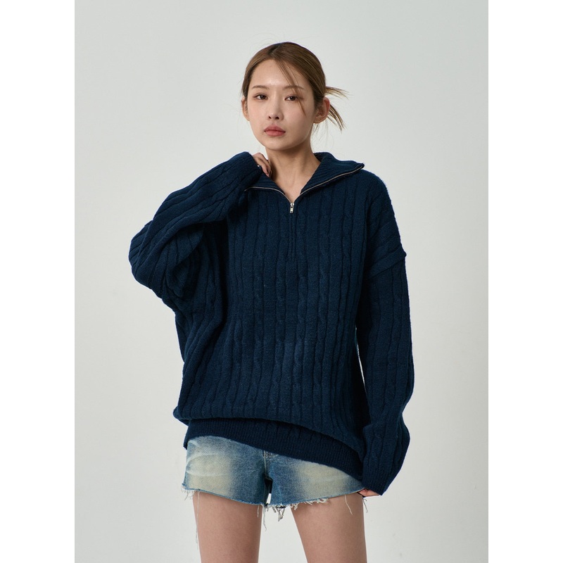 Twist Pattern Zip-Up Knit Unisex CD12 Beige S/M