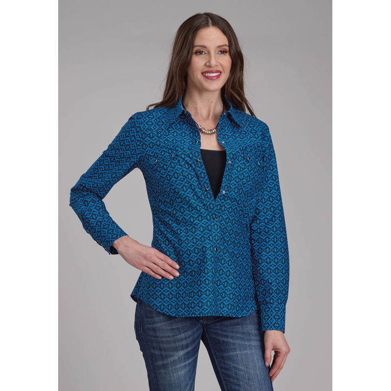 Womens Aztec Tile Long Sleeve Snap Western Shirt XS