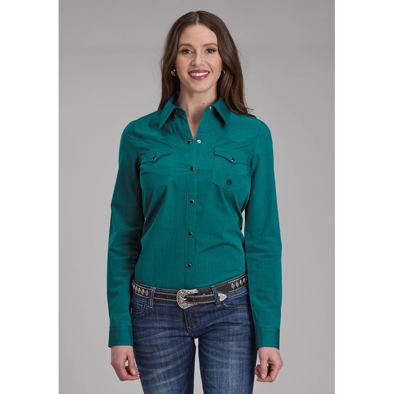 Womens Black Fill Solid Poplin – Teal Long Sleeve Snap Western Shirt XS