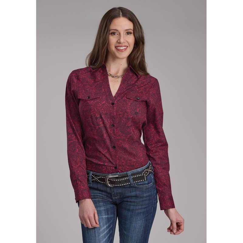Womens Burgundy Paisley Long Sleeve Button Western Shirt XS