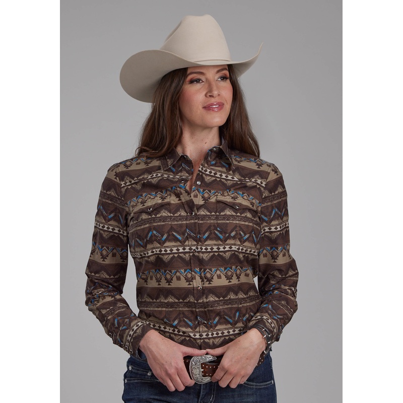 Womens Distressed Aztec Print Long Sleeve Snap Western Shirt XS