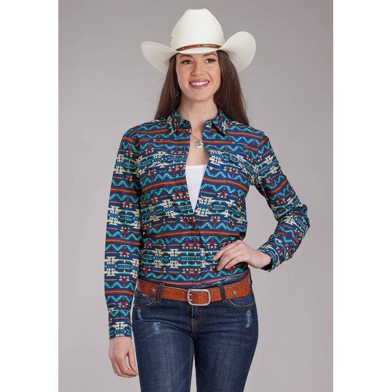 Womens Horizontal Navajo Aztec Print Long Sleeve Snap Western Shirt XS