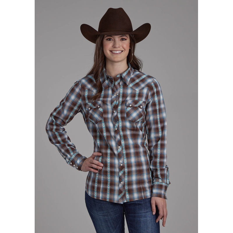 Womens Horseshoe Dobby Long Sleeve Snap Western Shirt XS