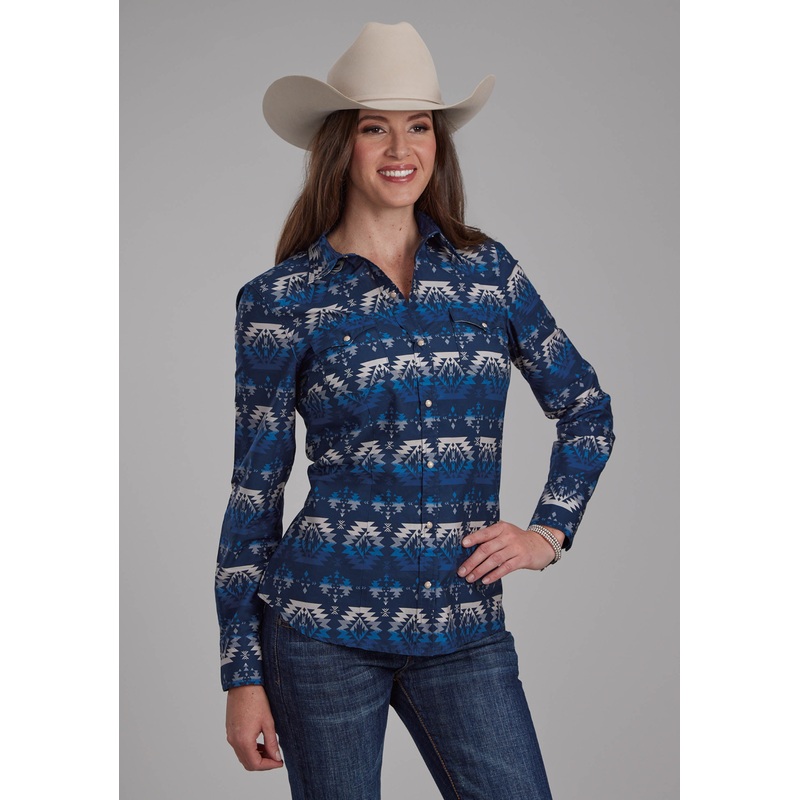 Womens Ombre Aztec Print Long Sleeve Snap Western Shirt XS