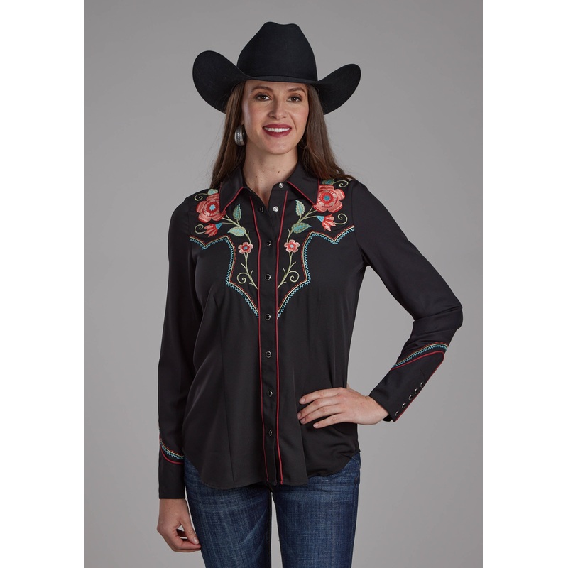 Womens Poly Spandex Twill Retro Shirt Long Sleeve Snap Western Shirt XS