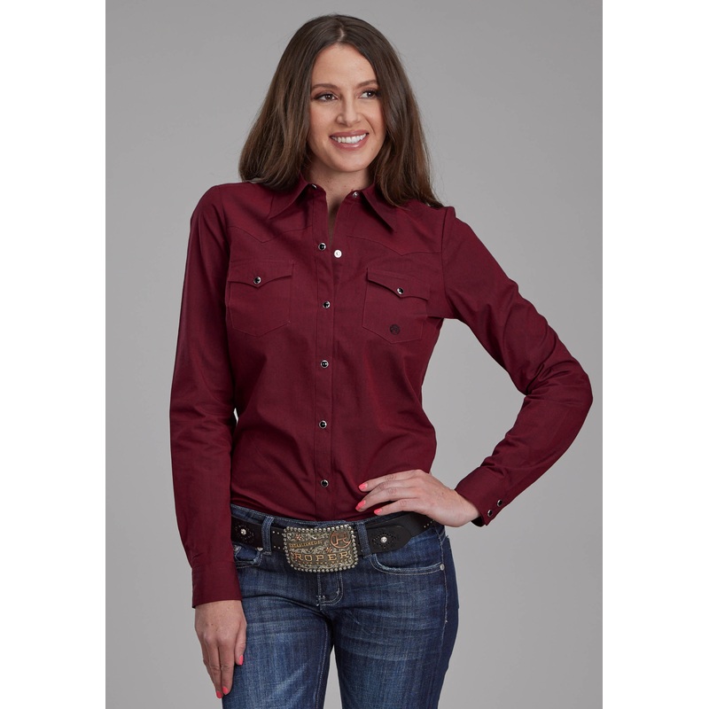 Womens Solid Black Fill Poplin – Red Long Sleeve Snap Western Shirt XS