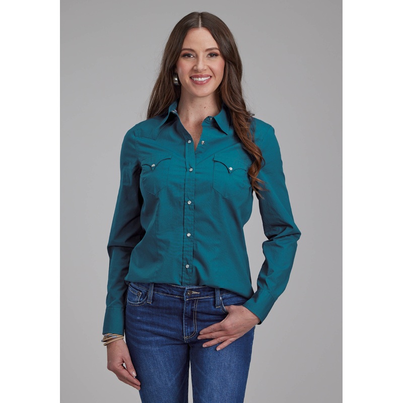 Womens Solid Poplin – Teal Long Sleeve Snap Western Shirt XS
