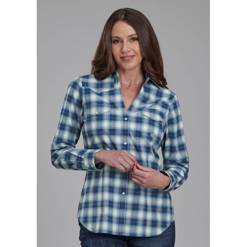 Womens Stretc Plaid – Blue Long Sleeve Snap Western Shirt XS